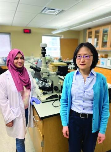 Two international students standing in a laboratory.